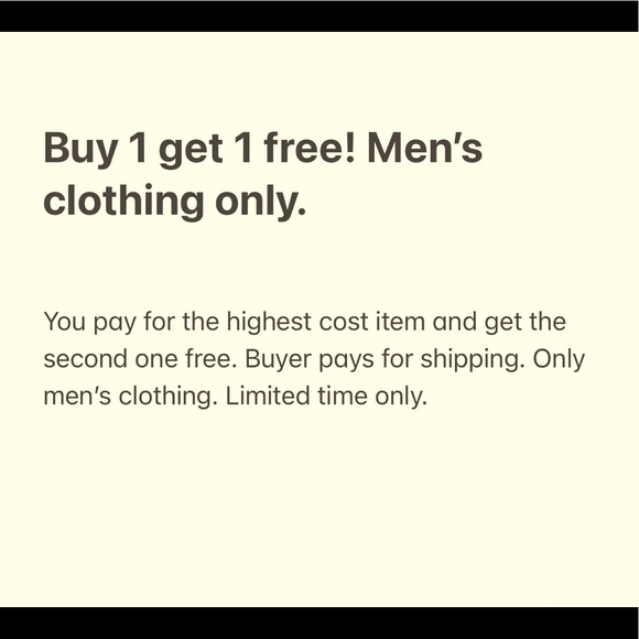 Buy 1 and get 1 free! Men’s clothing only - Picture 1 of 1